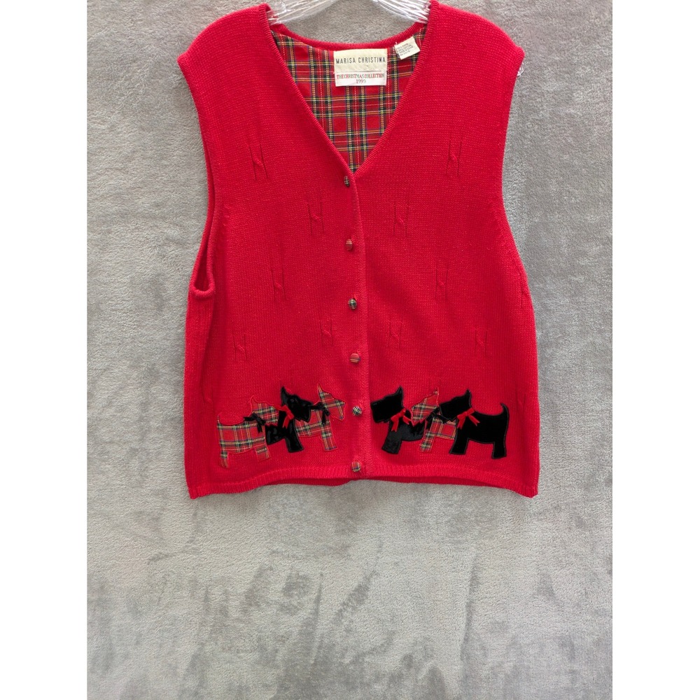 Vintage Sweater‎ Vest Womens Large Red Scottie Dog Plaid Button Front Knit